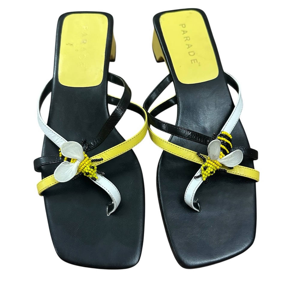 Parade Black and Yellow bee embellishments block heel sandals. Sz. 7